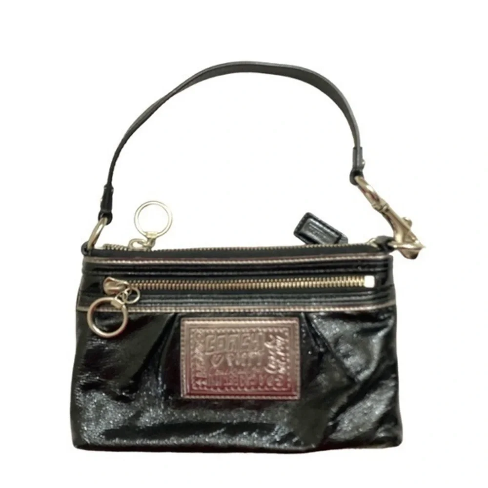 Coach black patent leather liquid gloss poppy mini bag